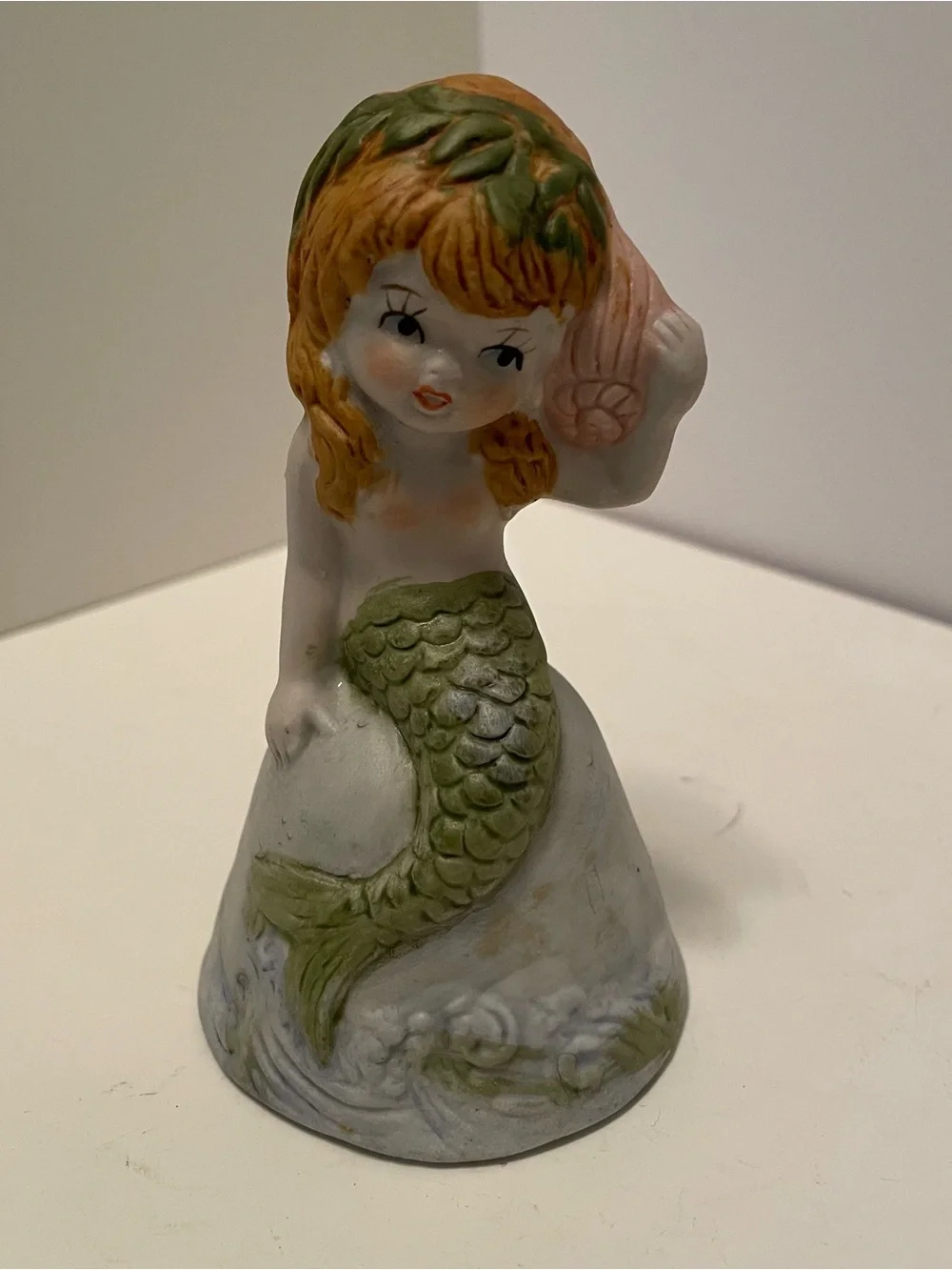 Vintage 1979 Jasco Adorabelles Mermaid on Rock Bisque Bell, Blonde, Green Kitchy